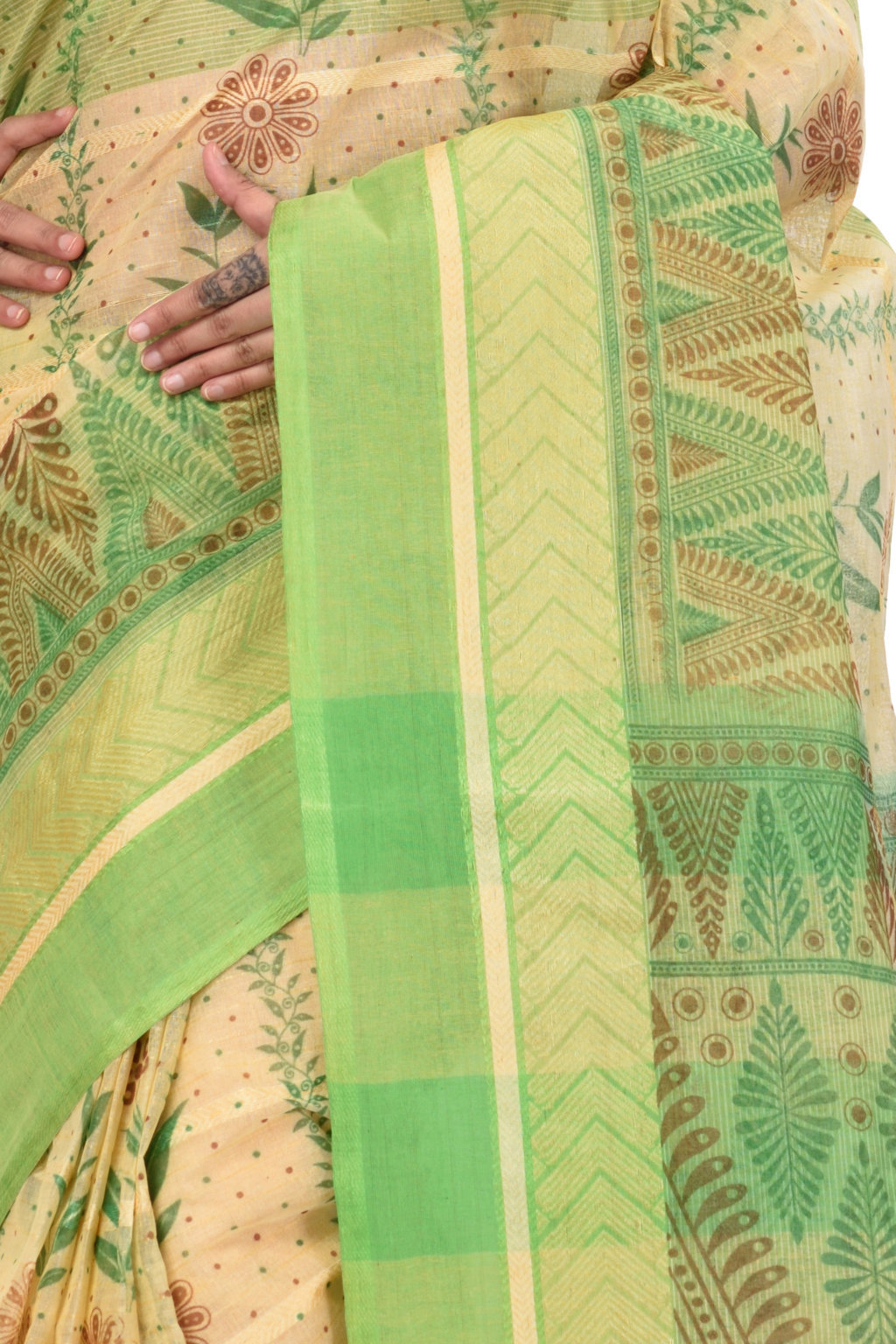 Green Pure Cotton Lata Pata Tant Saree Print (438)